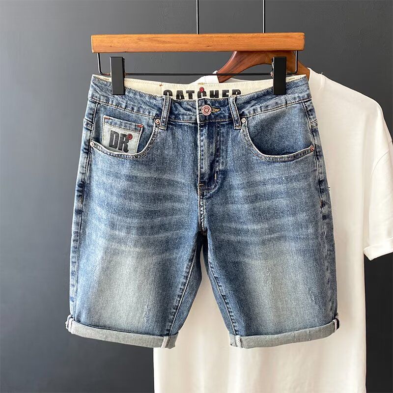 Men's Clothing summer denim shorts men's slim Korean style trendy brand all-match elastic printed half pants five-point pants youth style_voghion.com