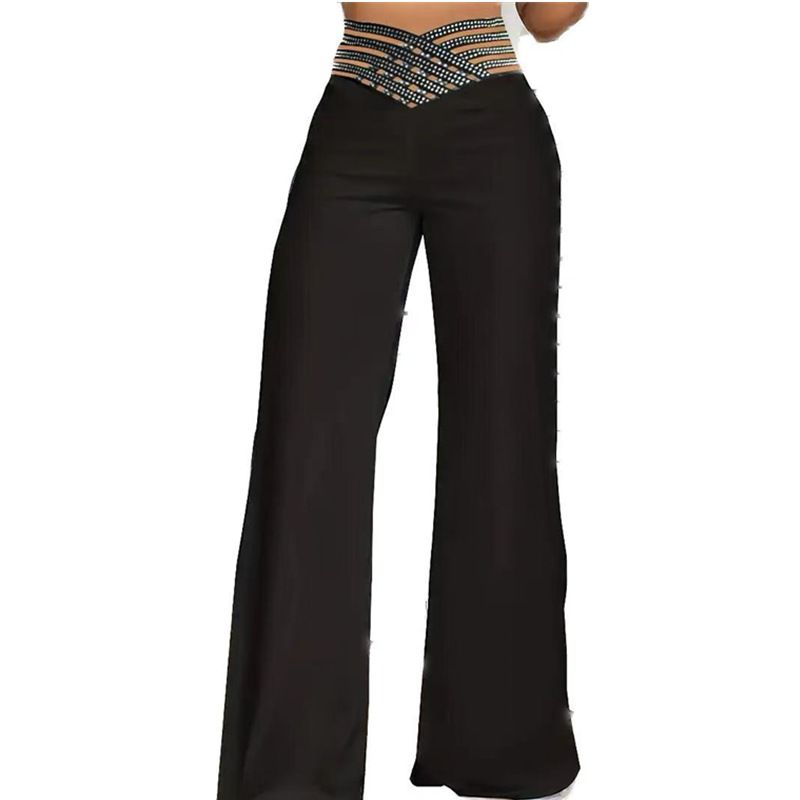 Kadın Giyim Bayan Düz Renk Moda Hollow Hot Diamond Orta Bel Rahat Geniş Paça Pantolon Pantolon_voghion.com