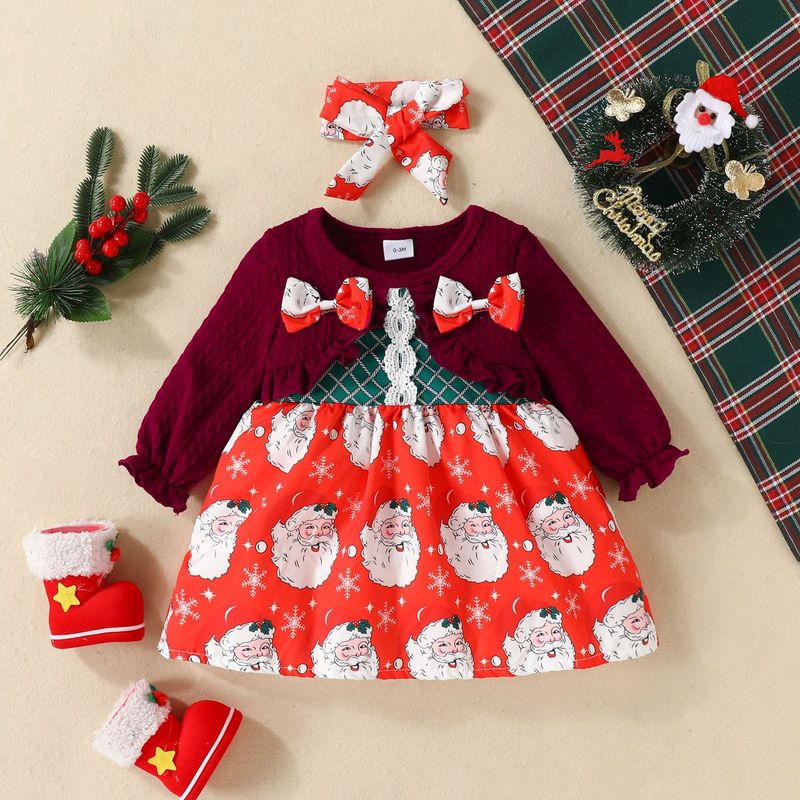 Babies' clothes Christmas style infant dress girl long-sleeved Santa Claus dress with bow fake two-piece dress_voghion.com
