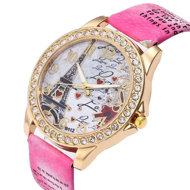 Yamaler Damen-Armbanduhr mit Eiffelturm-Motiv, Strasssteinen, Lederarmband, rundem Zifferblatt, analoge Quarzuhr_voghion.com