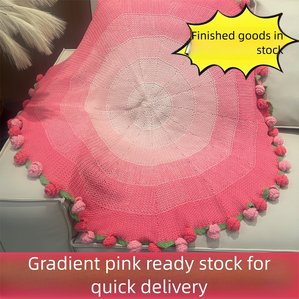 Manta de sofá de lana tejida a mano con ramo de rosas con acabado degradado para novia, regalo de San Valentín_voghion.com