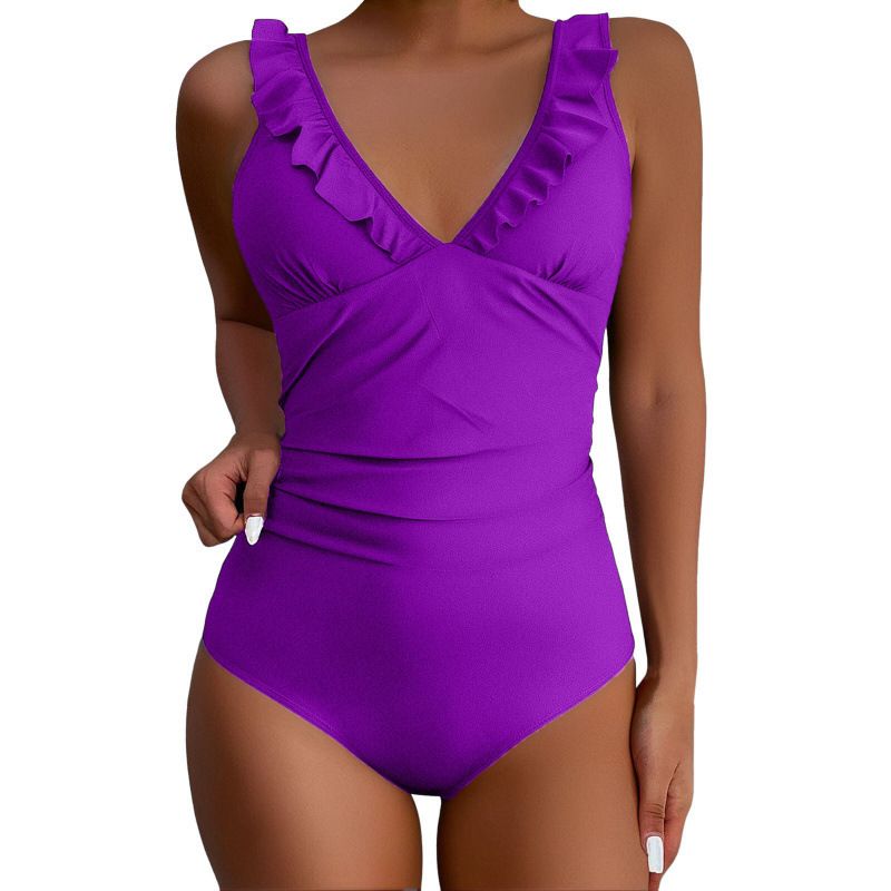 Women's Clothing One Piece Swimsuit V Neck Ruffled Hollow Lace Swimsuit_voghion.com