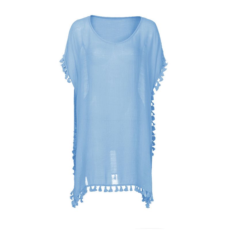 Haut de bikini ample à col en V et pompons, couleur unie et motif épissé, accessoire de plage pour les vacances d'été_voghion.com