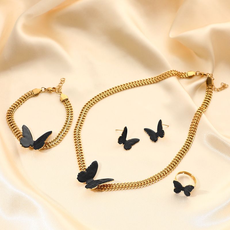 Trendy Fashion Butterfly Pendant Stainless Steel Necklace Bracelet Earrings Light Luxury Ring High-end Jewelry Set_voghion.com
