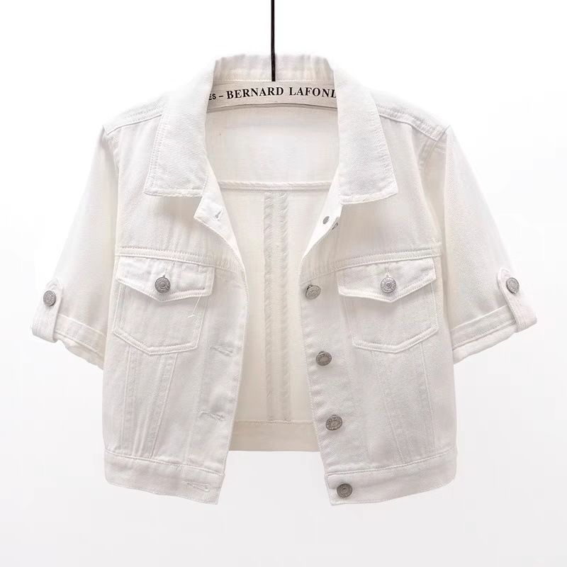 Damenbekleidung Dünne Jeansjacke für Damen, kurz, vielseitig, schmale Passform, halbe Ärmel, einfarbig, kleiner Schal, Oberbekleidung, Oberteil, Weiß_voghion.com