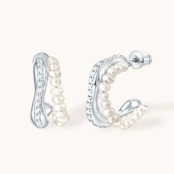 Women's Jewelry - Elegant Baroque Pearl Double C Hoop Earrings In Silver Tone, Minimalist Chic Design With Natural Seed Pearls Double C Hoop Earrings_voghion.com