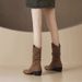 Cowboy boots women's autumn new stacked pleated boots pointed retro thick heel medium tube short boots_voghion.com