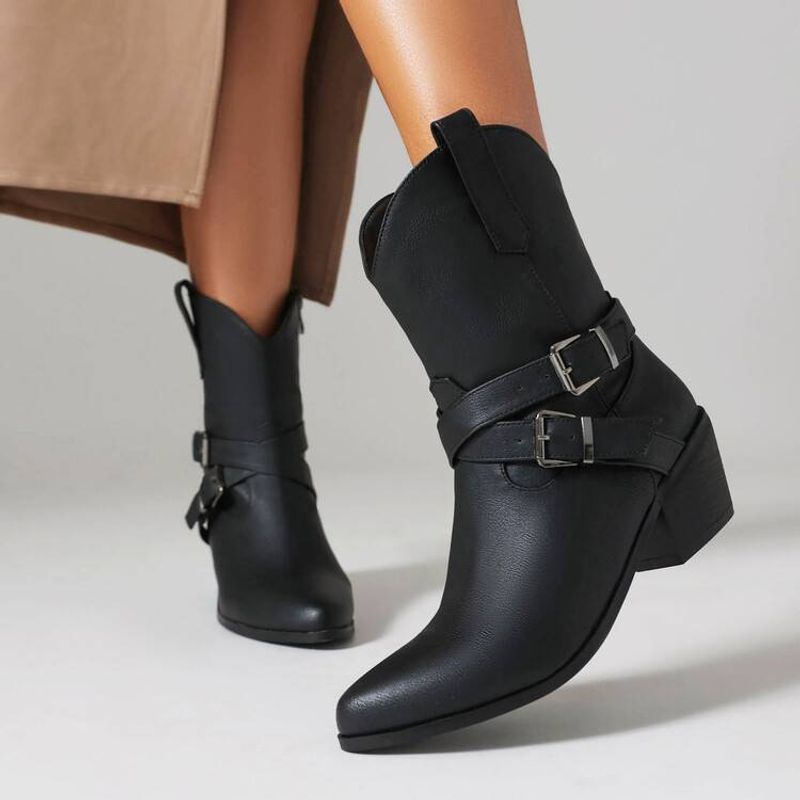 Modne buty z okrągłą główką i niskim kwadratowym obcasem oraz wysoką klamrą_voghion.com