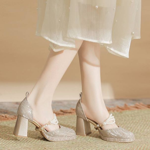 Scarpe col tacco dall'ufficio alla sera - Comode Mary Jane aperte (soletta interna ammortizzata) | Sandali dorati casual da lavoro per il lavoro e gli appuntamenti serali_voghion.com