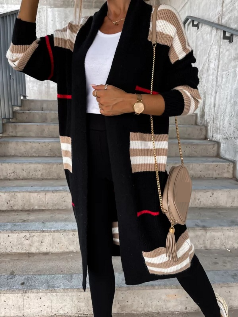Cardigan long en tricot rayé pour femme_voghion.com
