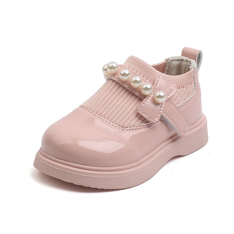 Child's shoes Princess small leather shoes Children's round patent leather big head pearl dance shoes flying knit leather shoes_voghion.com