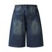 Herenkleding Denim Shorts met Ritssluiting, Losse Retro Versleten Blauwe Rechte Shorts_voghion.com