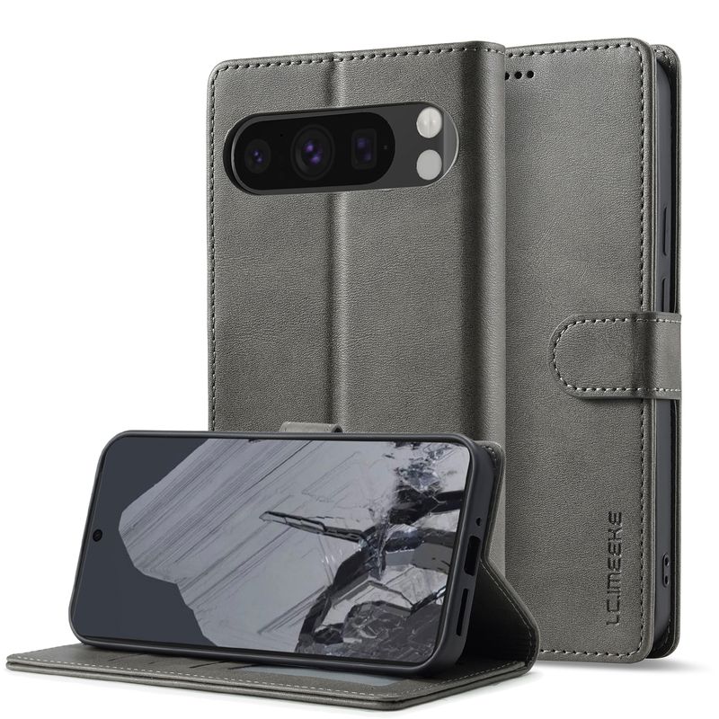 Til Google Pixel 9 Pro XL LC.IMEEKE Kalveskinndeksel med klappfunksjon (grått)_voghion.com