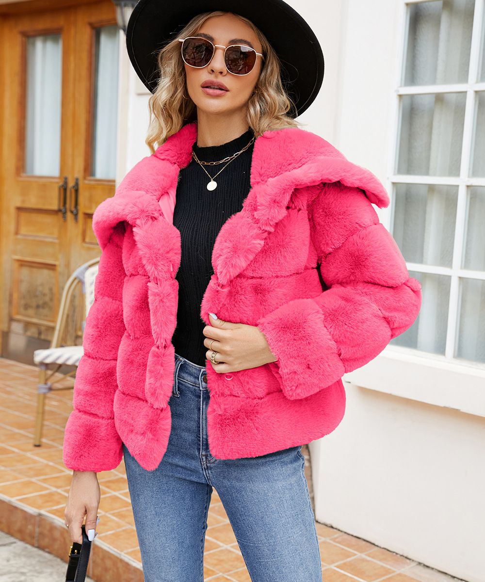 Elegant Faux Fur Cropped Jacket For Women - Winter Fashion Outerwear With Lapel Collar, Plus Size Options (Black/Rose/Pink/Purple/Grey/Khaki)_voghion.com