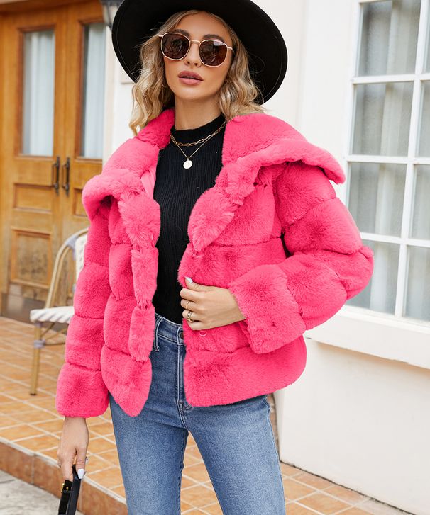 Elegant Faux Fur Cropped Jacket For Women - Winter Fashion Outerwear With Lapel Collar, Plus Size Options (Black/Rose/Pink/Purple/Grey/Khaki)_voghion.com