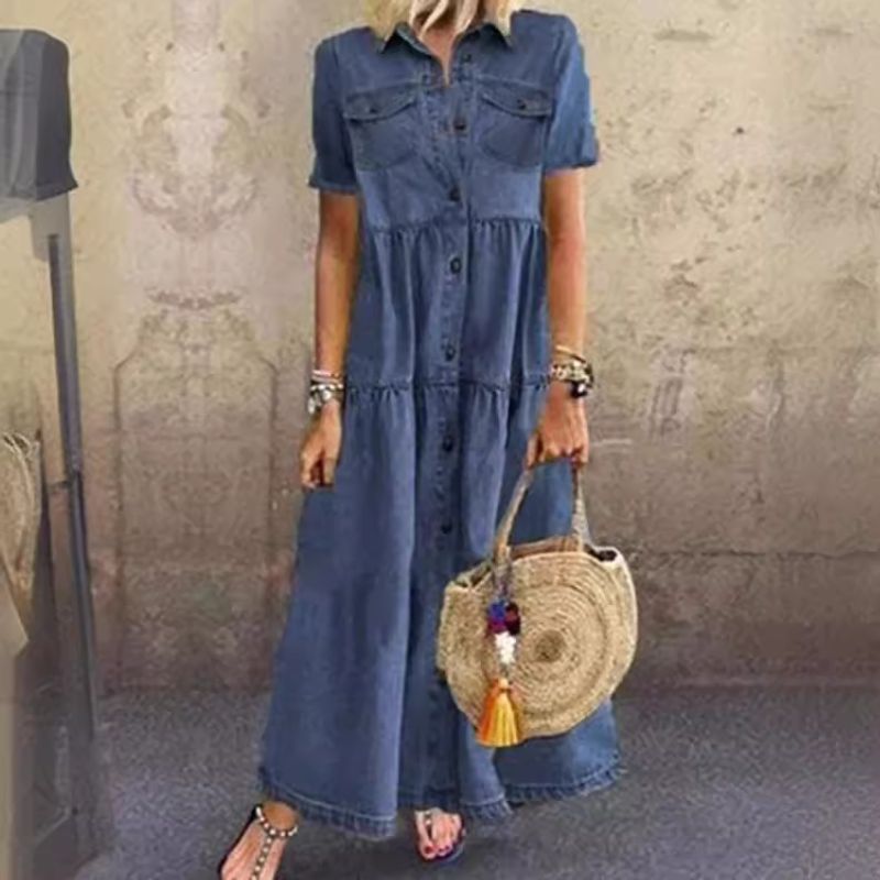 Women's Clothing Long Multi Button Distressed Dress_voghion.com