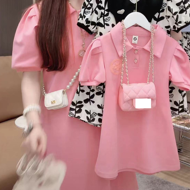 Mother&Kids Summer a family of three four short-sleeved T-shirt mother and daughter bubble sleeve POLO shirt dress big children_voghion.com