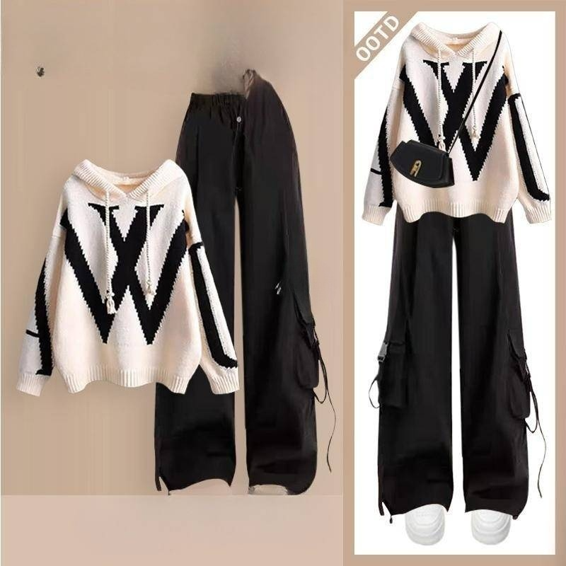 Women's Clothing Lazy style outfit a complete set of new hooded knitted sweater with age reducing casual overalls two piece suit_voghion.com