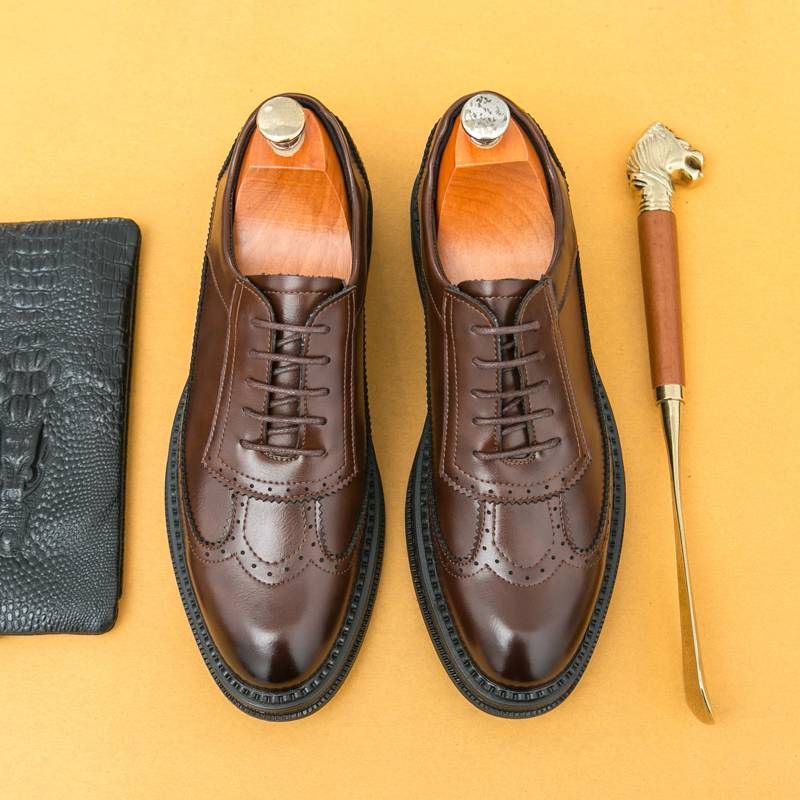Pantofi sport bărbătești la modă, maro, sculptat, Brock, împletiți, albaștri, Derby, din piele naturală, stil britanic, pentru banchet, rochie de nuntă_voghion.com