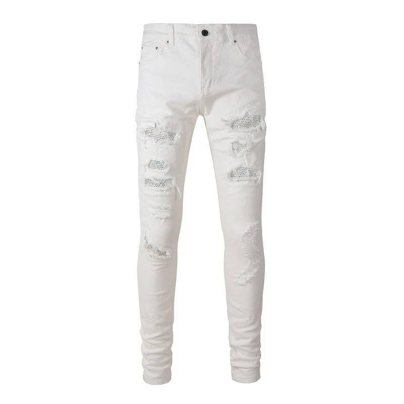 Men's Clothing High Street White Diamond Jeans For Men And Women Trendy American Style All-match Slim Straight Ripped And Scratched Skinny Trousers_voghion.com