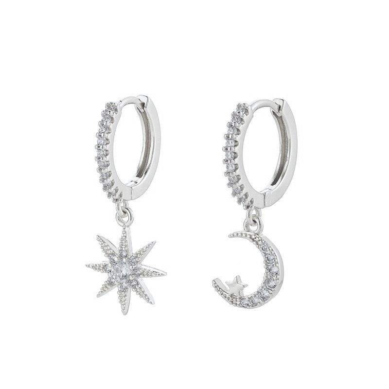 Brincos femininos de prata 925 com agulha, estrela e lua, assimétricos, com diamantes incrustados, fivelas de orelha, temperamento, brincos simples e versáteis_voghion.com
