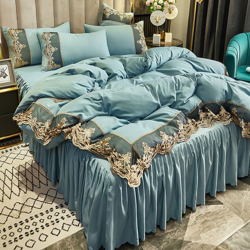 Copriletto di lusso in flanella con pizzo ricamato, set da 4 pezzi - Elegante gonna da letto con copripiumino_voghion.com