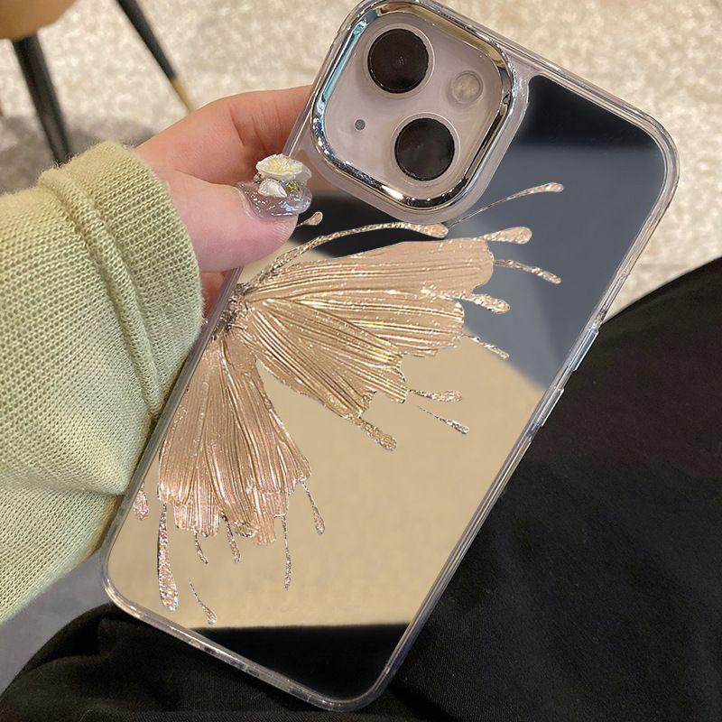Telefoonhoesje Goud Vlinder Zilveren Frame Spiegel Mobiel Groot Gat Anti-Val_voghion.com