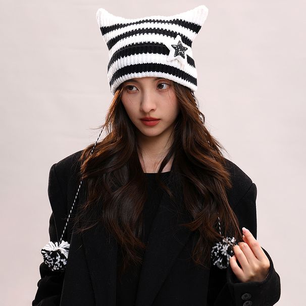Abi style handmade cute five-star cat ear stripes demon warmth cover knitted ball sweater hat female_voghion.com