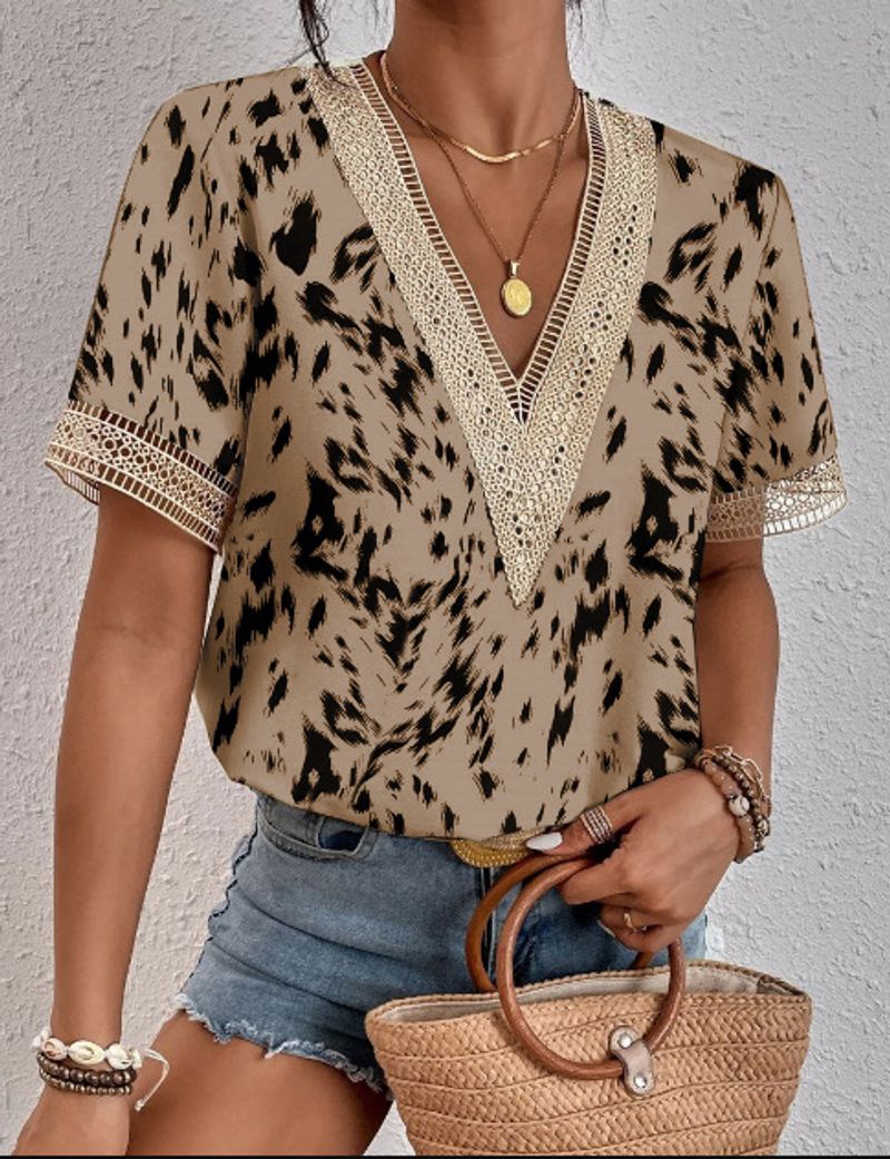 Women's clothing lace loose top temperament commuter short-sleeved digital printed T-shirt_voghion.com