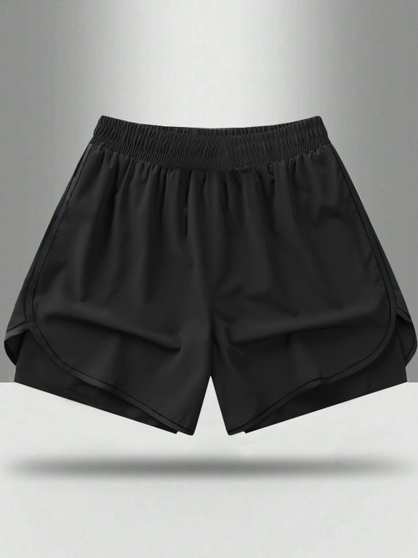 Pantaloncini sportivi due in uno estivi da uomo a tinta unita, adatti per la corsa in palestra e l'esercizio fisico_voghion.com