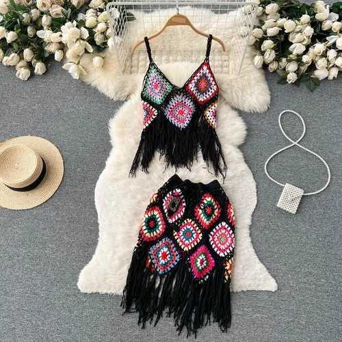 Ethno-Stil Vintage Bestickte Quaste gestrickt gehäkelter Anzug Damen Western-Stil Sling Top + sexy kurzer Rock zweiteiliges Set_voghion.com