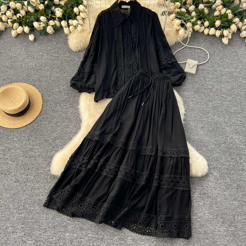 Vêtements pour femmes, combinaison rajeunissante pour femmes, chemise à manches longues lanterne en dentelle creuse de haute qualité + jupe ajustée taille haute_voghion.com
