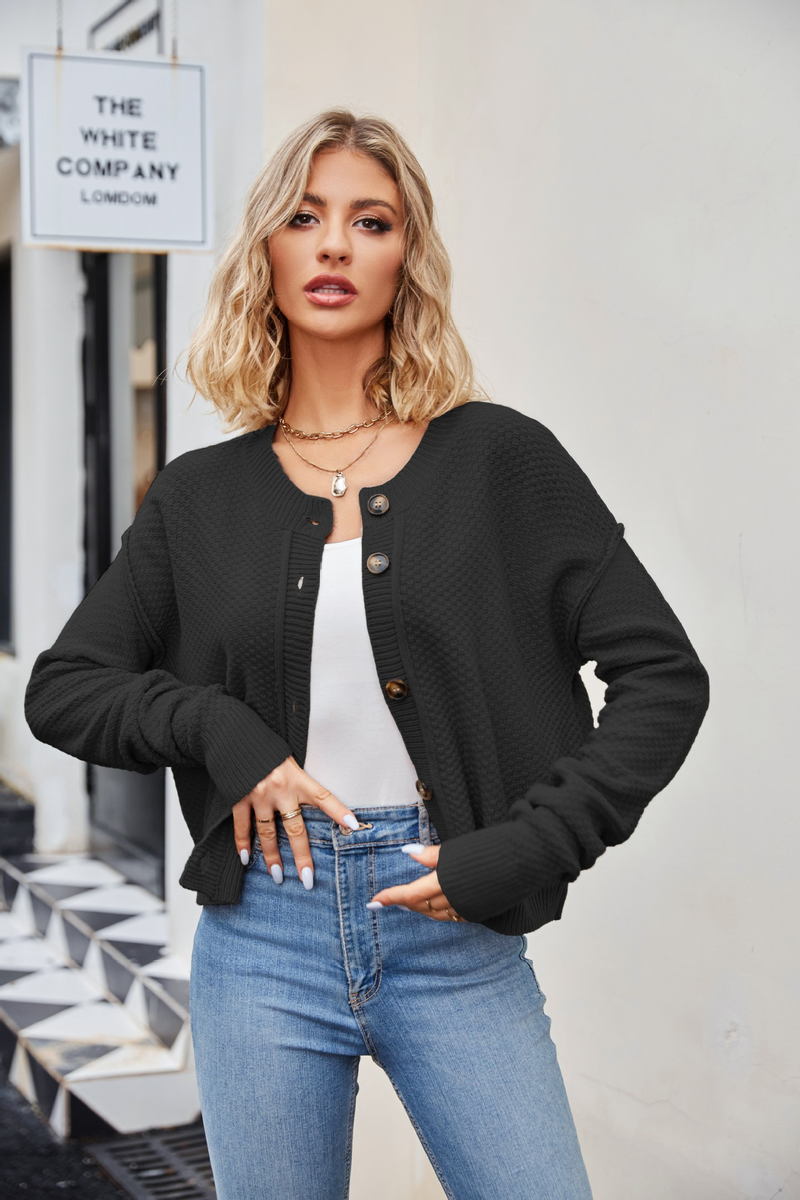 Damenbekleidung, modisch, lockerer Strickjacke, Retro-Einreiher, Knopfjacke_voghion.com