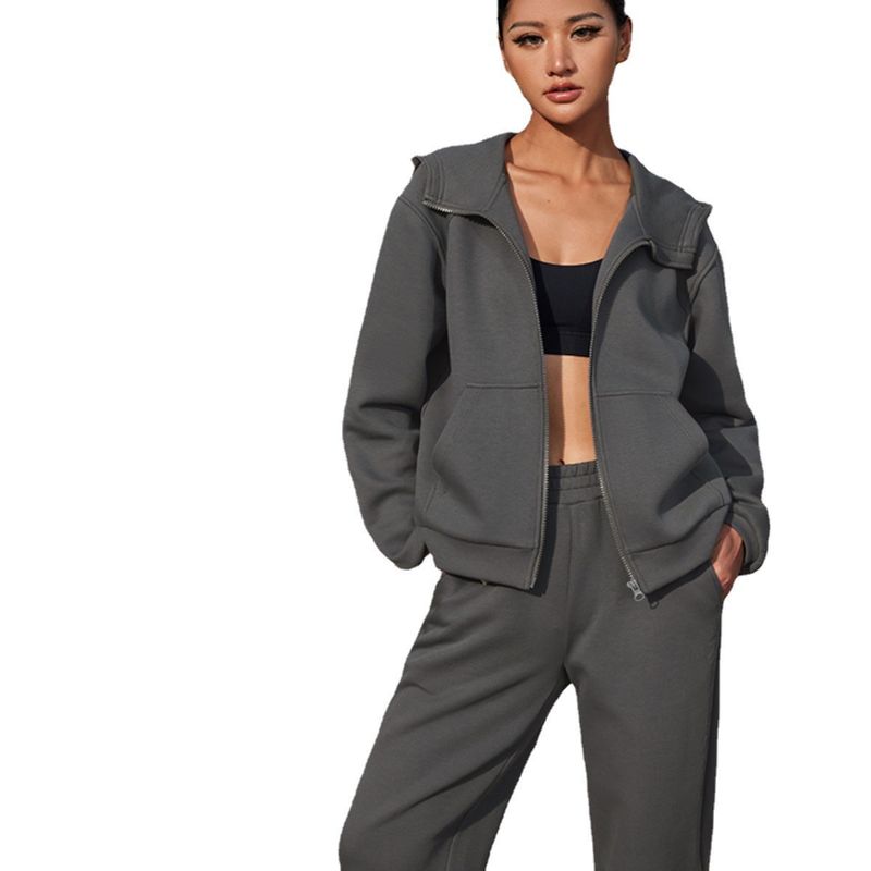 2025 Spring And Autumn Women's Solid Color Hooded Long Sleeve Jogger Sports Two-Piece Set_voghion.com