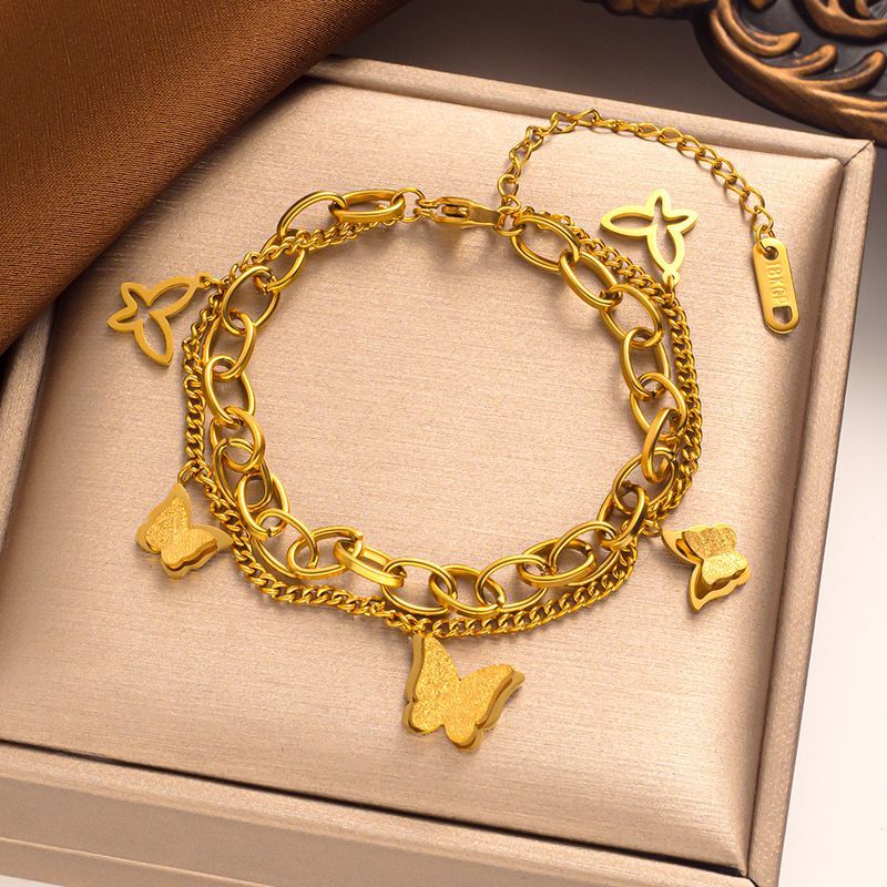 Wind Sexy Versatile Double Layer Frosted Butterfly Bracelet Women's Titanium Steel Plated Fashion Simple Style_voghion.com
