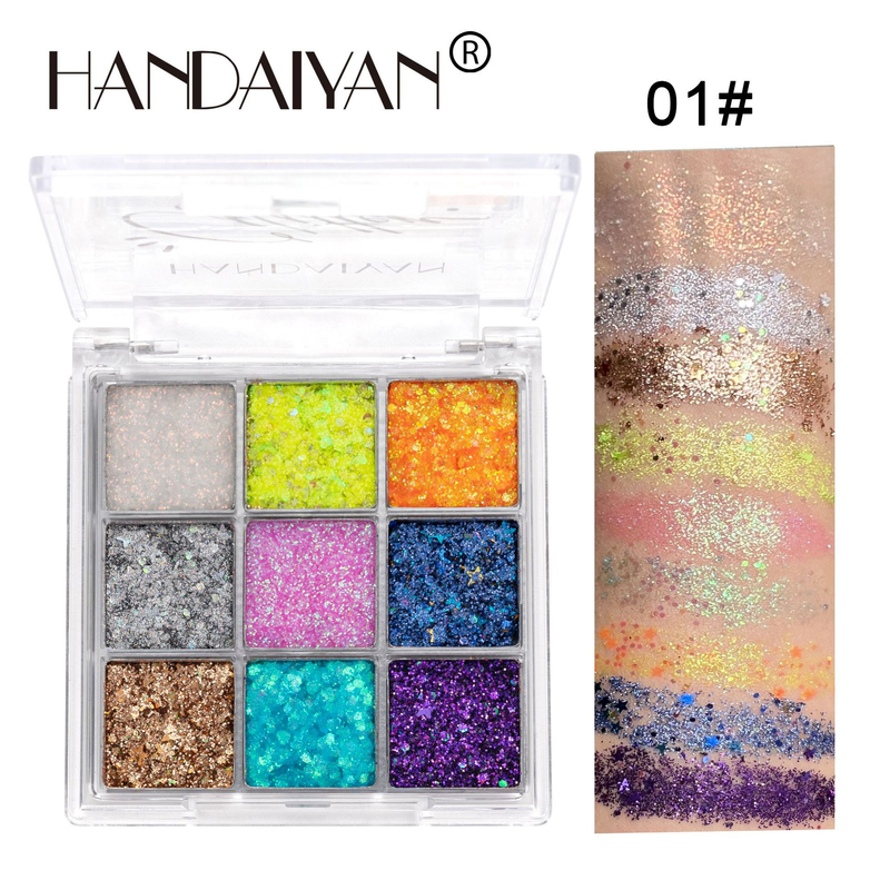 Palette di ombretti glitterati HANDAIYAN da 9 colori - Ultra-lucidi per trucco da palcoscenico, performance di Capodanno, look da discoteca, con design a toppa_voghion.com