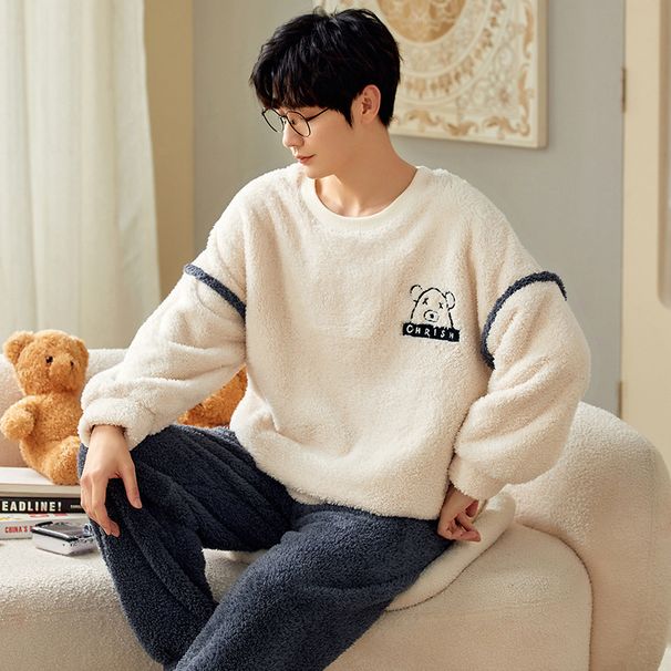Coral sleepwear winter 2023 new long sleeved thick flannel men's home suit set_voghion.com