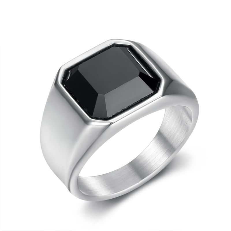 Anello da uomo in acciaio al titanio con pietra preziosa nera liscia, stile semplice_voghion.com