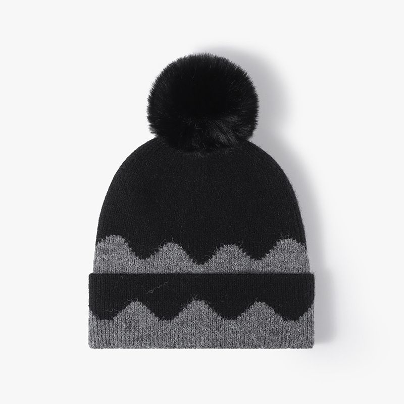 European And American Versatile Warm And Plush Thick Ball With Wool Women's Color Blocked Woolen Hat Fashionable And Simple Outdoor Knitted Hat_voghion.com