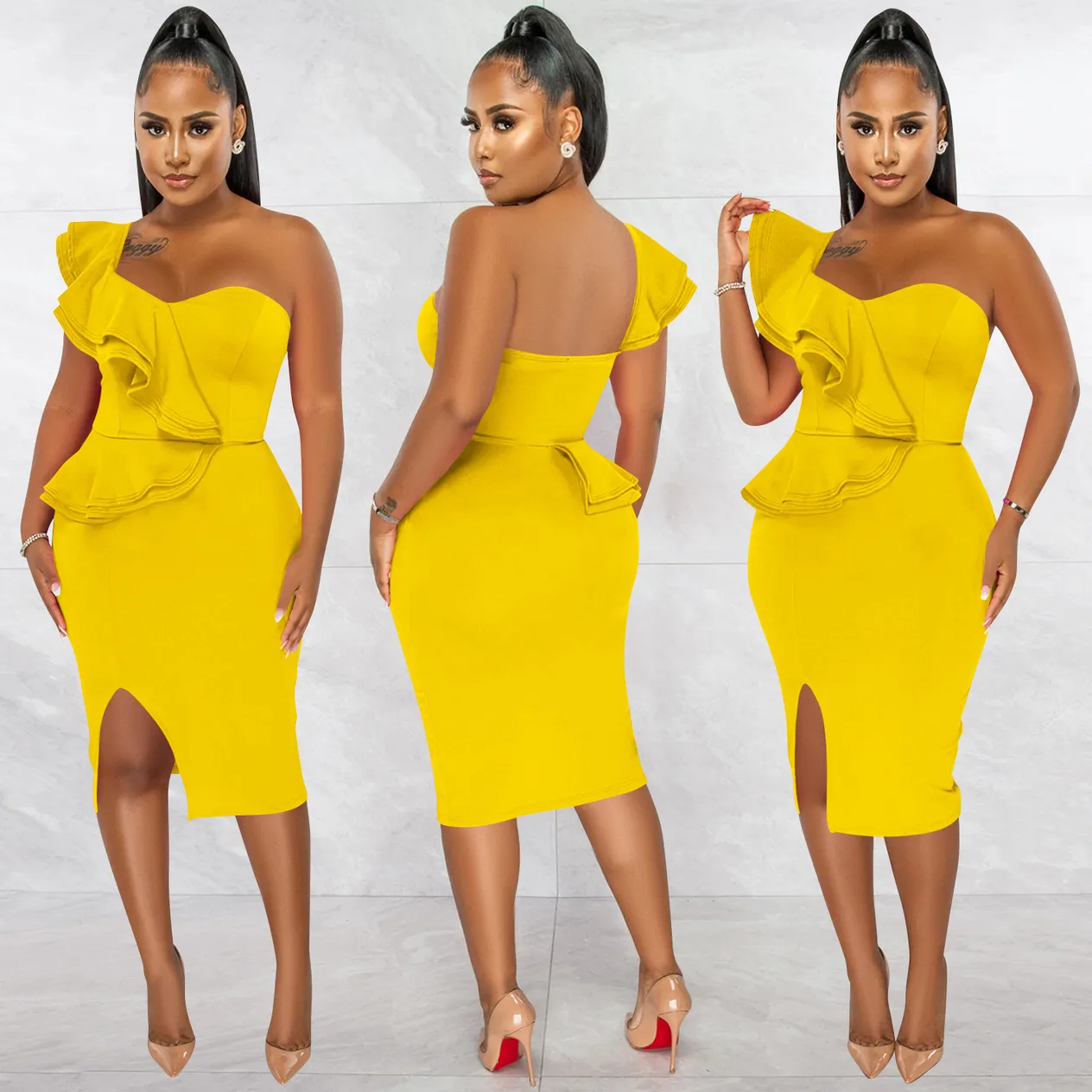 Women's Clothing fashion casual ruffled slit one shoulder sleeve dress women's clothing_voghion.com