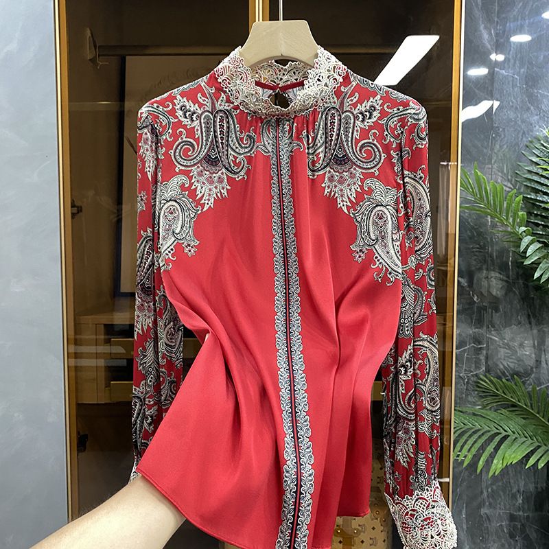 Temperament High-end Feeling Silk Shirt Women's Embroidered Hollow Print Noble Western Style Shirt_voghion.com
