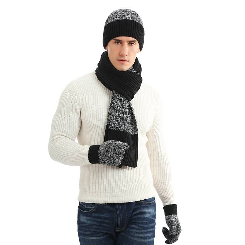 Autumn and Winter Thick Knitted Hat Warm Set New Men's and Women's Hats Scarf Gloves 3-Piece Set_voghion.com