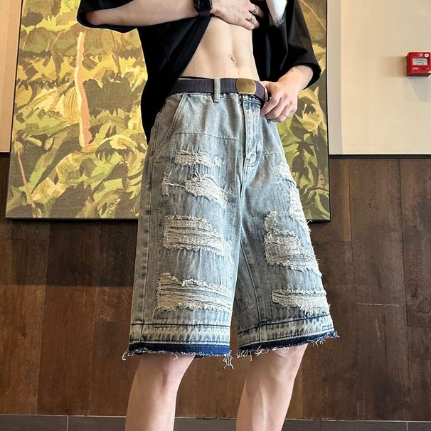 Men's Summer Casual Shorts - Ripped Hem Denim Cargo Shorts With Elastic Waist, Streetwear Fashion For Teens & Young Adults (S-3XL)_voghion.com