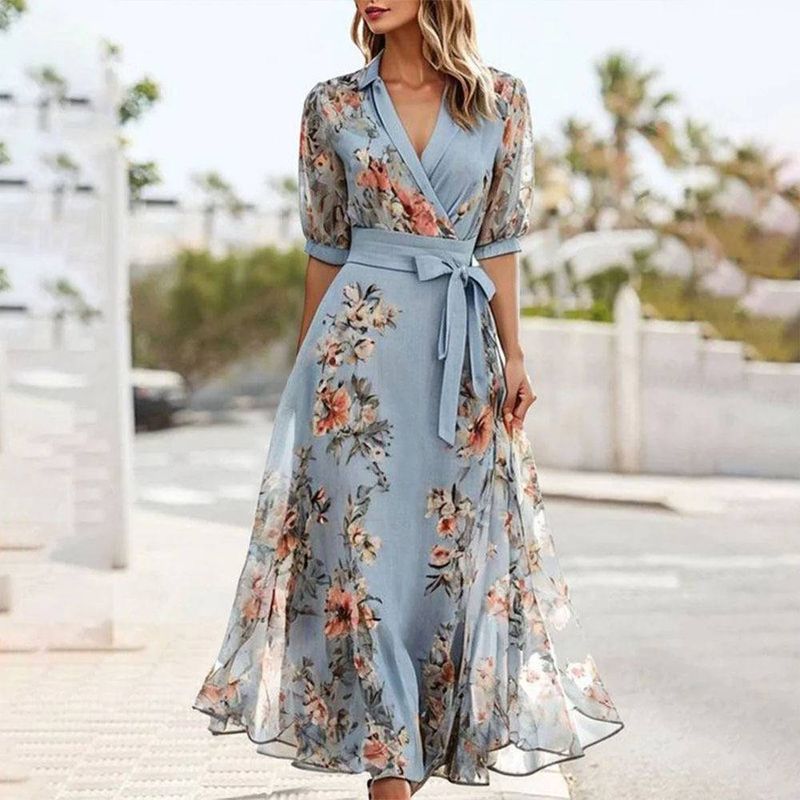 Women's Fashion Elegant Temperament Waist Cinched A-line Floral Dress_voghion.com