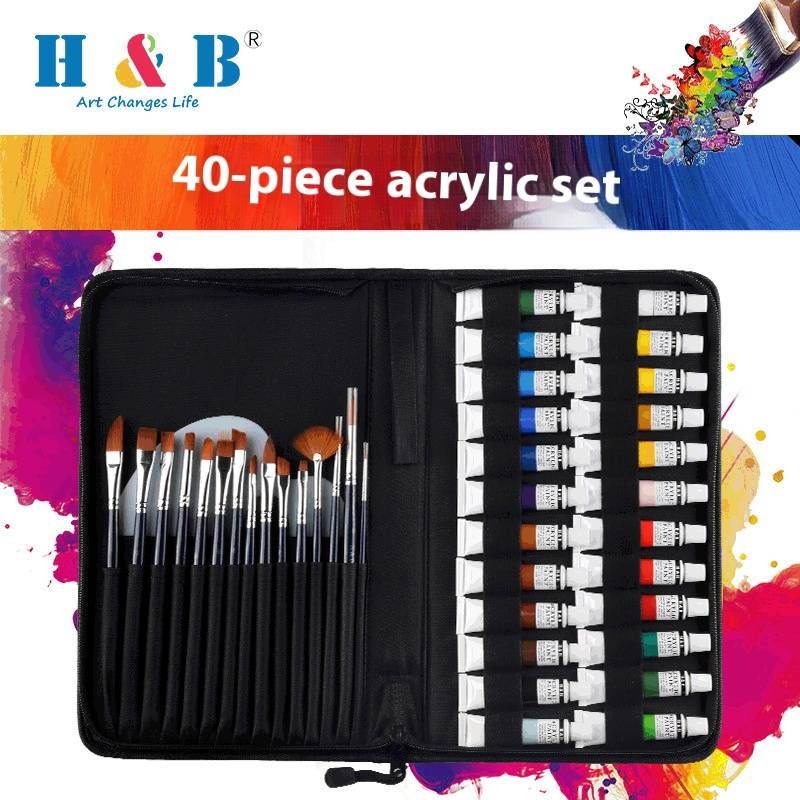 H&B 40-teiliges Acryl-Pinselset mit Palette – Professionelles Malset für Leinwand, Wandkunst und DIY-Projekte (Nylontasche, 20 x 30 x 4,5 cm)​_voghion.com