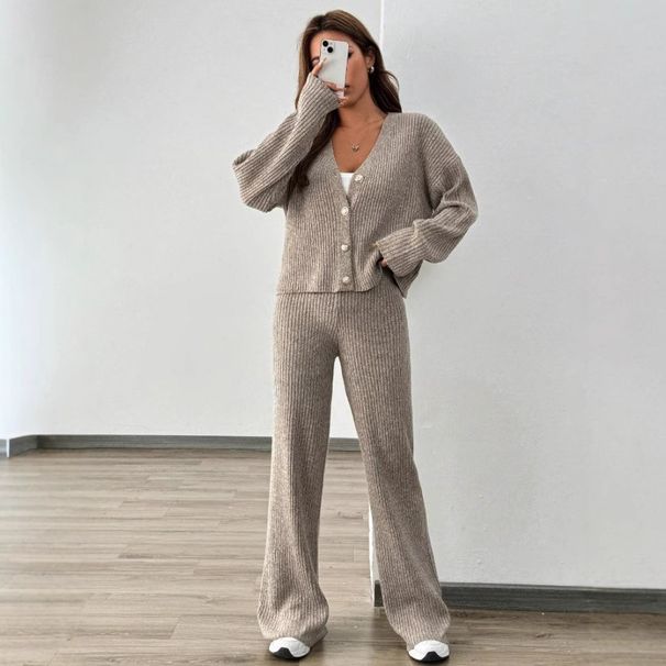 Ribbed V-Neck Knit Cardigan Set – Breathable Polyester Office Wear, Loose Fit Long Sleeve Button Front (Beige, S/M/L)_voghion.com