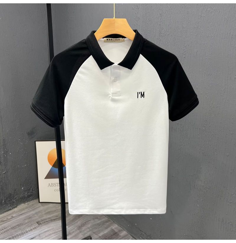 Herrenbekleidung Colorblock-Design Revers T-Shirt Herren Bestickte Buchstaben Kurzarm Poloshirt Lässig Schlank Einfaches All-Match-Top_voghion.com