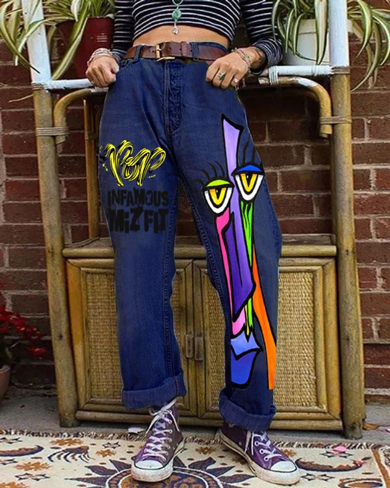 Women's abstract horse face street wide-leg fashion jeans women's long mopping pants winter new products 2119_voghion.com