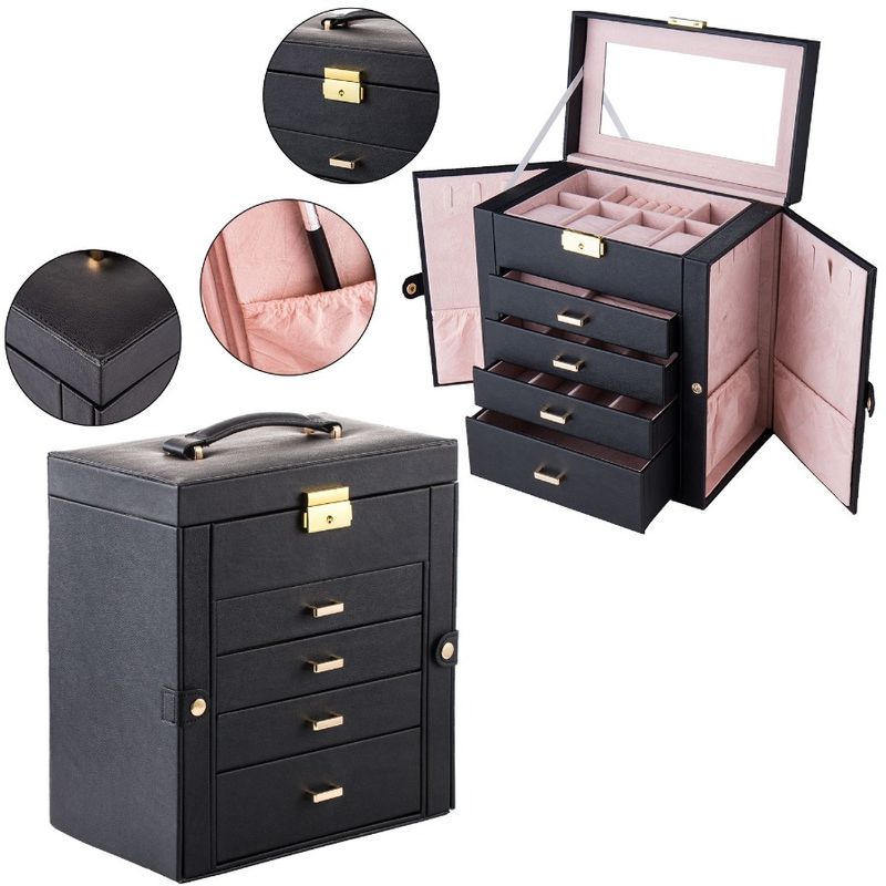 Jewelry Organizer Leather Mirrored Watch Earring Ring Case Storage Synthetic Gift Lockable Huge Black Necklace Box_voghion.com