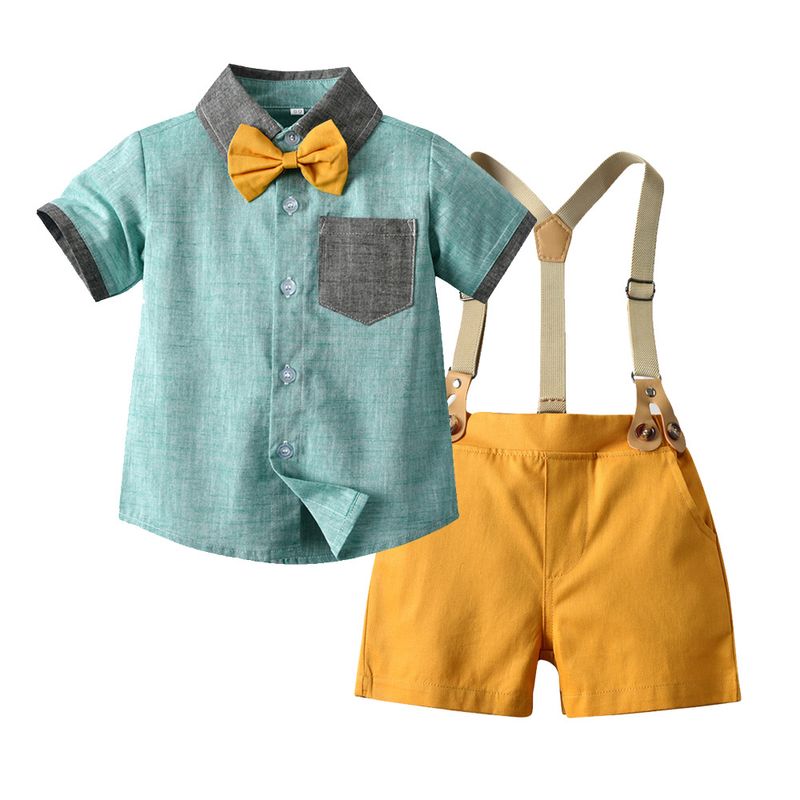 Babykleidung Sommer Kinderanzug Jungen Mode Revers Patchwork Kurzarmhemd Shorts Hosenträger Showkleid_voghion.com